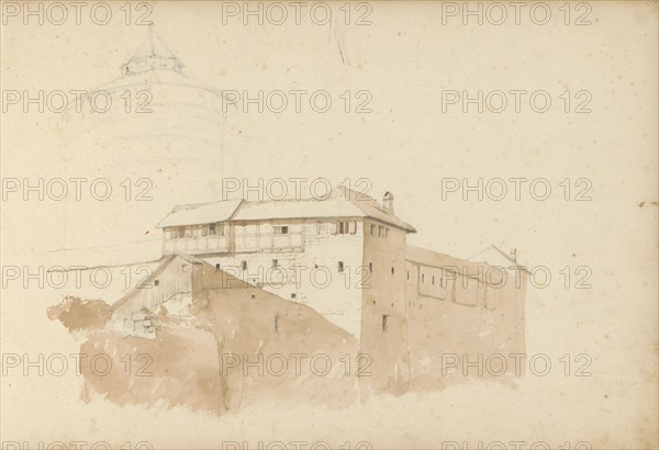 Tower and a building with a half-timbered facade, 1820-1896. Creator: Kasparus Karsen.