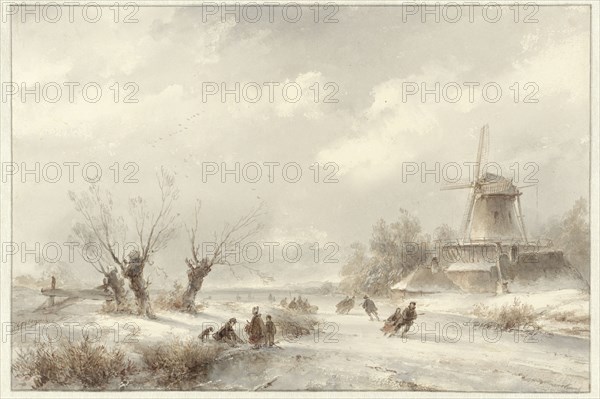 Winter landscape with skaters by a windmill, 1827-1897. Creator: Lodewijk Johannes Kleijn.