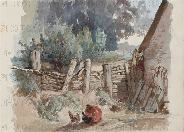 Chickens scratching in a farmyard, 1864-1865. Creator: Maria Vos.