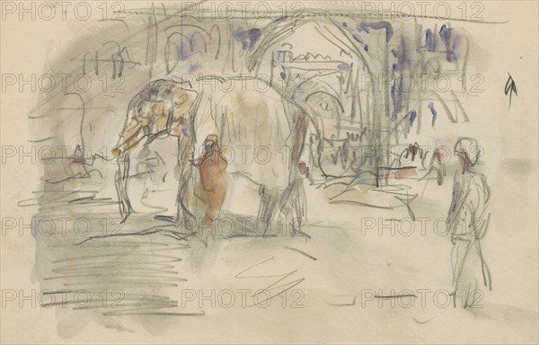 Indian with an elephant at a gate, 1924-1925. Creator: Marius Bauer.
