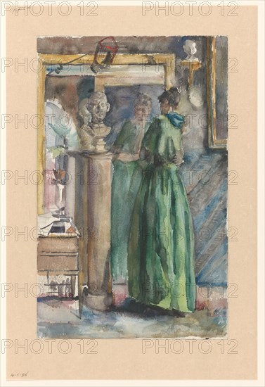 Lady in green dress standing in front of a mirror, 1874-1918. Creator: Martinus van Andringa.