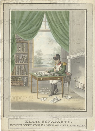 Cartoon of Napoleon: Klaas Bonaparte in his study on the island of Elba, 1814, 1814. Creator: Wijnand Esser.