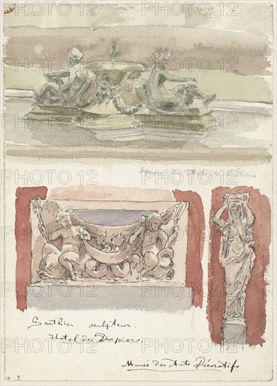 Three sketches of sculptures in the Museum of Decorative Arts in Paris, 1872-1904. Creator: Wilhelm Cornelis Bauer.