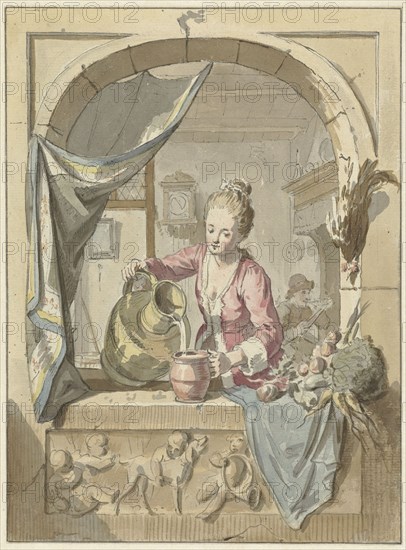 Woman pours milk from a jug, in a window, 1748-1798. Creator: Willem Joseph Laquy.