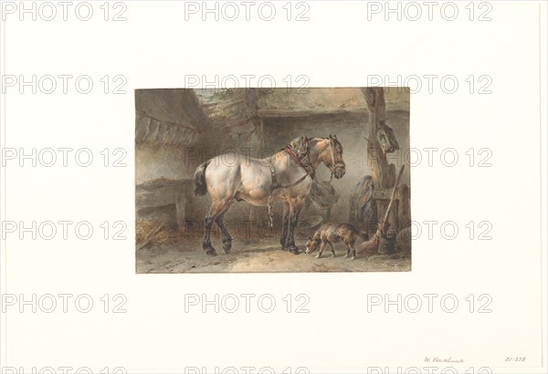 Horse and dog in a stable, 1851-1921. Creator: Wouter Verschuur.