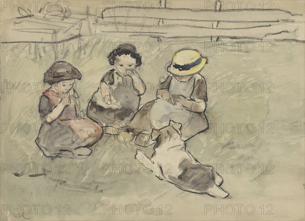 Three girls with a dog sitting in a meadow, 1860-1921. Creator: Adolf le Comte.