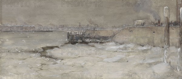 Crushing the ice on the Maas in Rotterdam, 1907. Creator: Adolf le Comte.