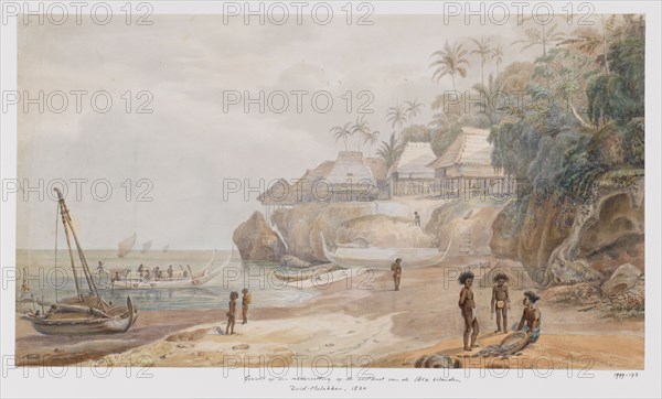 View of a settlement from the east coast of Workai, Aru Islands, Southeast Moluccas, 1824. Creator: Adrianus Johannes Bik.