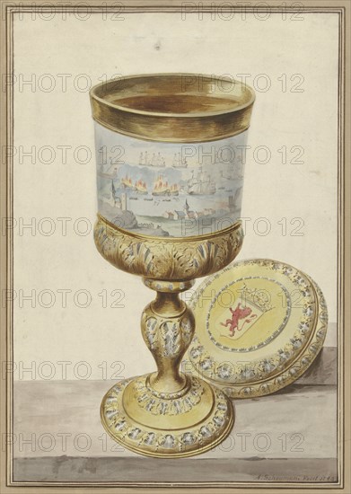 Gold cup with lid, given to Cornelis de Witt on the occasion of the journey to Chatham, 1667, 1748. Creator: Aert Schouman.