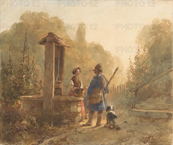 Hunter talking to a farmer's wife at a well, next to him a dog, 1797-1870. Creator: Andreas Schelfhout.