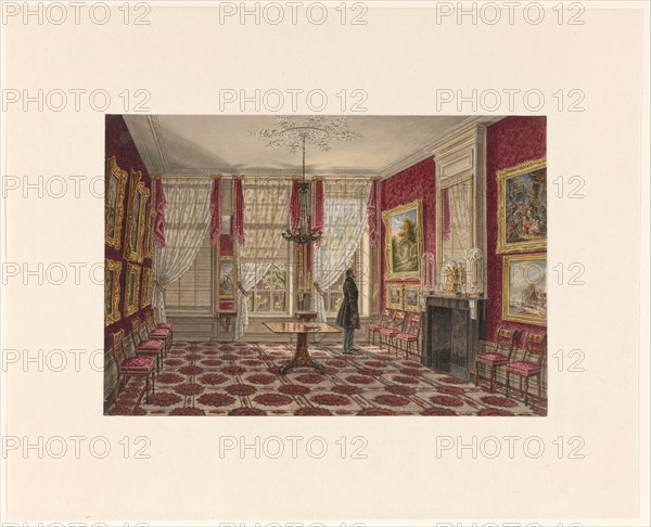 19th century interior with paintings and standing figure, 1842-1848. Creator: Augustus Wijnantz.