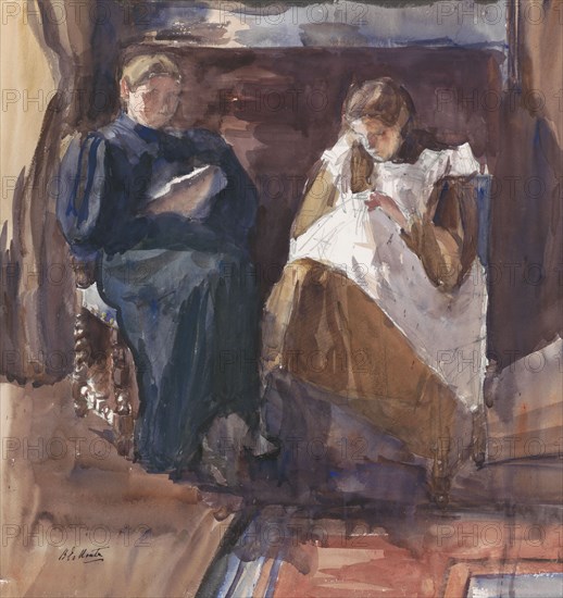 Reading lady and embroidering girl, seen from the front, in the house at Riouwstraat 6..., 1872-1950 Creator: Barbara Elisabeth van Houten.