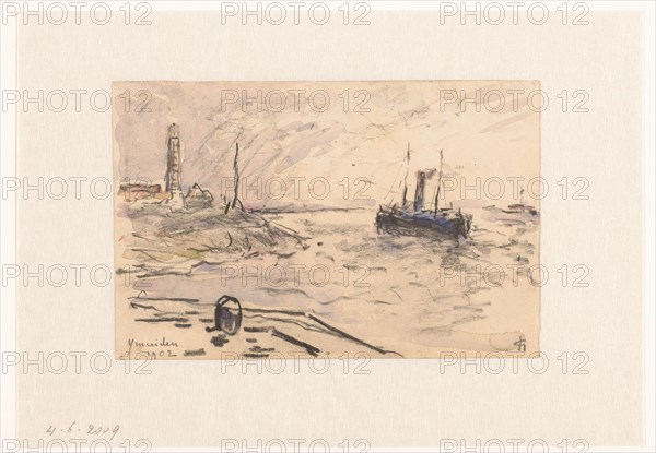 View of the coast of IJmuiden with lighthouse and ship, 1902. Creator: Carel Nicolaas Storm.