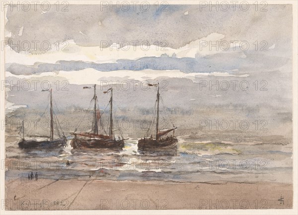Fishing boats on the beach of Katwijk at rising tide, 1882. Creator: Carel Nicolaas Storm.