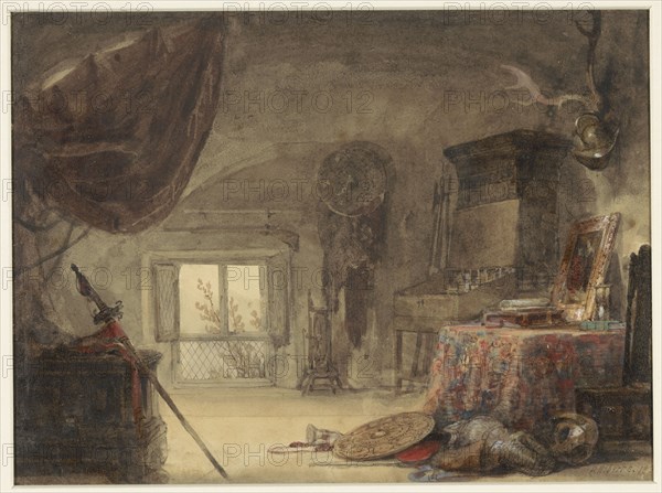 Attic room, furnished as a studio, 1830-1839. Creator: David Roberts.