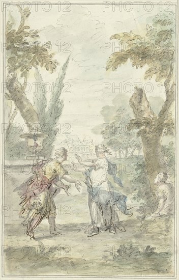 Design for a theatre piece: the blindfolded Amaryllis grabs Mirtillo, 1715-1798. Creator: Dionys van Nijmegen.