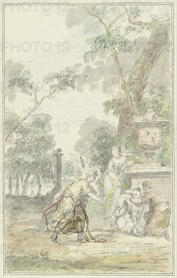 Design for a theatre piece: Dorinda gives Silvio his dog back, 1715-1798. Creator: Dionys van Nijmegen.