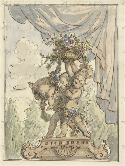 Three putti with a flower basket, 1677-1755. Creator: Elias van Nijmegen.