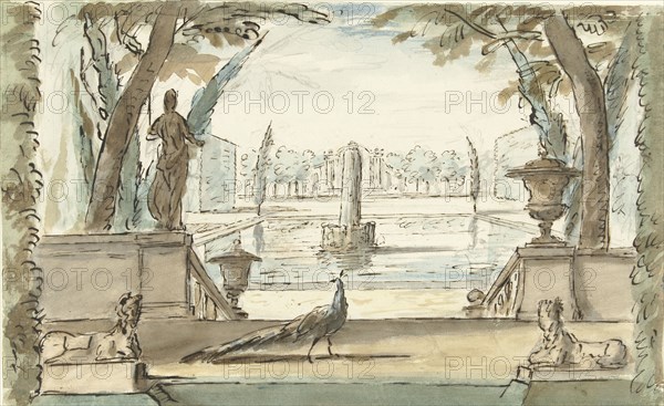 View of a garden with a pond, a fountain and a peacock, 1677-1755. Creator: Elias van Nijmegen.