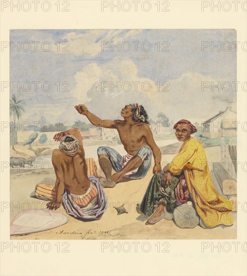 Three seated men at a kali (village), 1841. Creator: Ernest Alfred Hardouin.