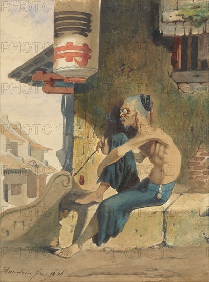 Old, skinny Chinese (opium smoker?) sitting on a sidewalk in Batavia, 1846. Creator: Ernest Alfred Hardouin.