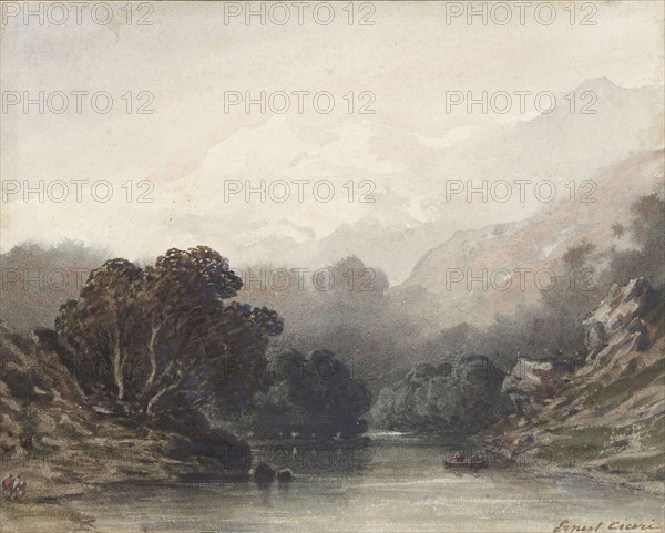 Mountain lake in the shadow of dark trees, behind it light hills and snowy peaks, 1800-1900. Creator: Ernest Ciceri.