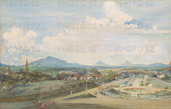 Thamrin Square in Semarang with the volcanoes Sindoro and Soembing in the background, 1930. Creator: Frans Bakker.