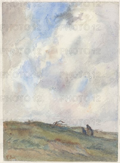 Dune landscape in a storm with two figures, 1872-1944. Creator: Frans Smissaert.