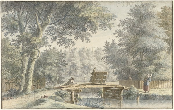 Landscape with an angler on a bridge, 1763. Creator: Gerard van Rossum.