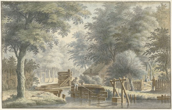 Landscape with an angler on a bridge, 1763. Creator: Gerard van Rossum.