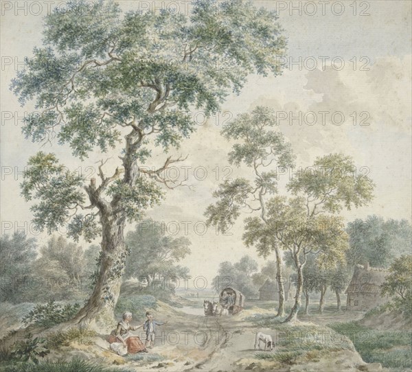 Woods with figures by a road, covered wagon approaching, 1779. Creator: Gerardus Wieringa.