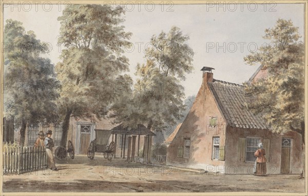 Village view with two men leaning against a fence on the left, 1820-1872. Creator: Hendrik Abraham Klinkhamer.