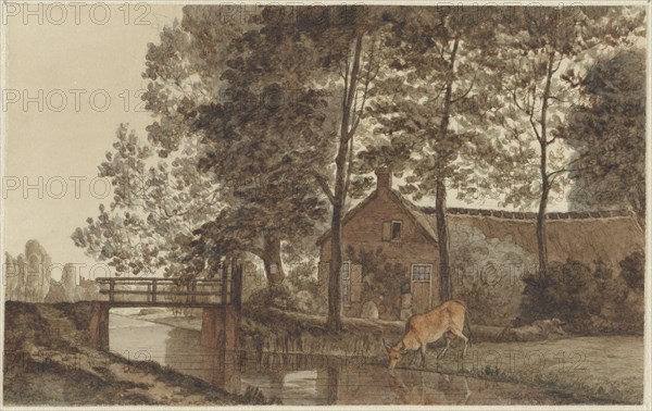 Farmyard with a cow drinking water on the Biltstraat in Utrecht, 1856-1858. Creator: Hendrik Abraham Klinkhamer.