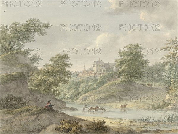 Landscape with a seated draftsman and a castle on the water, 1754-1820. Creator: Hermanus Numan.