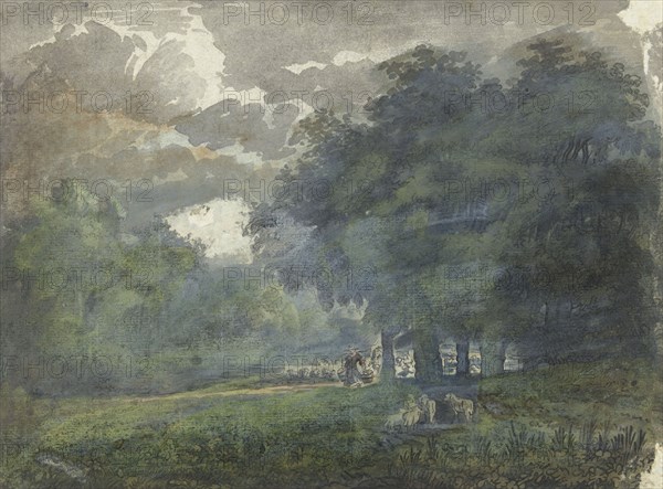 Shepherds with herd in a wooded landscape, 1706-1759. Creator: Jacob van Liender.