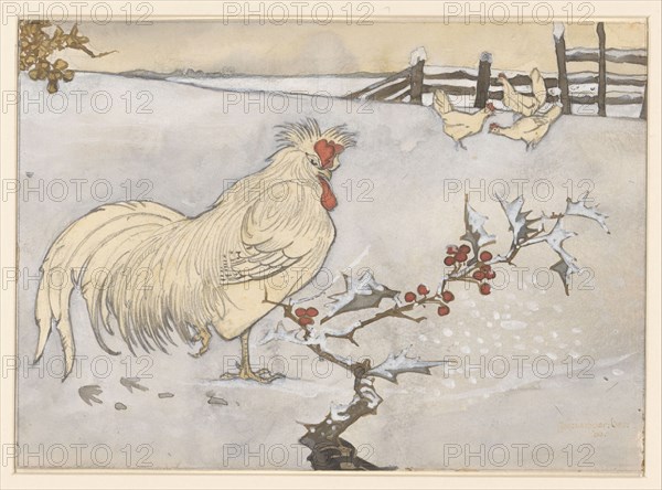 Rooster and three chickens in a snowy landscape with a branch of holly, 1906. Creator: Jan C Van der Ven.