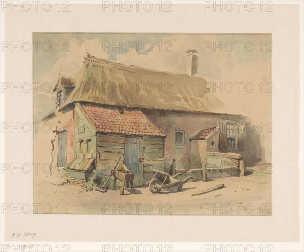 Farmhouse with wooden extension, wheelbarrow and grinding stone, 1837-1903. Creator: Jan Striening.