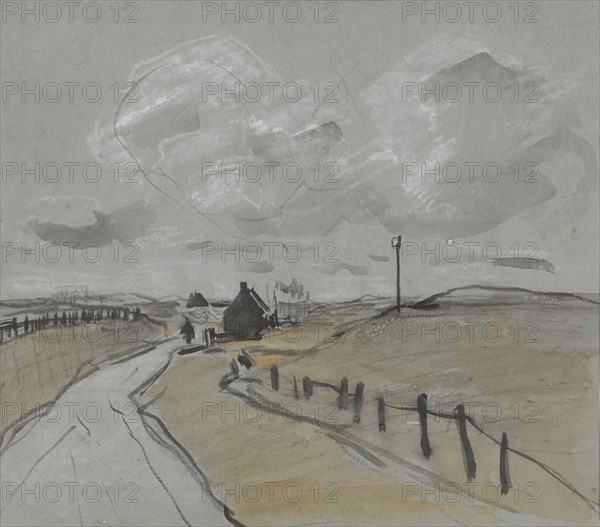 View along a road with high verges and fences, 1864-1936. Creator: Johannes Cornelis van Essen.