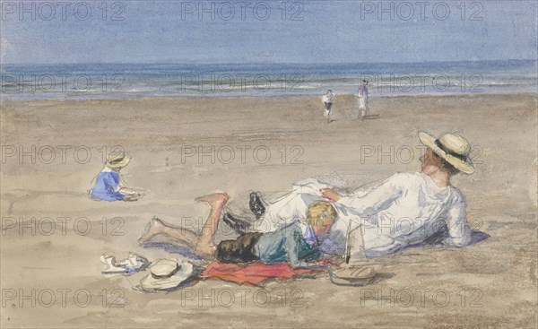 Resting nanny with two children on the beach, 1874-1927. Creator: Johan Antonie de Jonge.