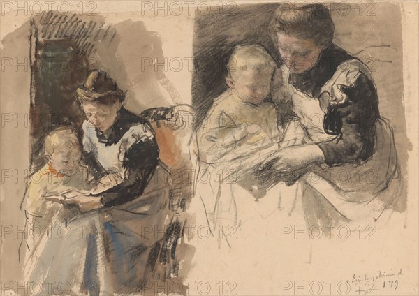 Two studies of a maid teaching a boy to read on her lap, 1874-1927. Creator: Johan Antonie de Jonge.