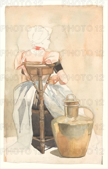 Seated girl in traditional costume, seen from the back, 1868-1940. Creator: Johan Coenraad Braakensiek.
