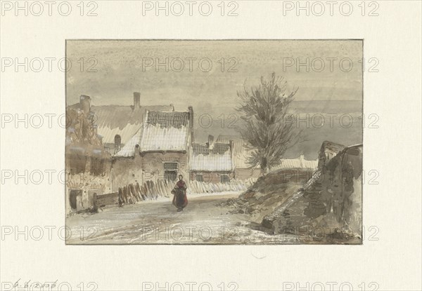 Winter view with a woman standing on the ice, 1829-1866. Creator: Johannes Franciscus Hoppenbrouwers.