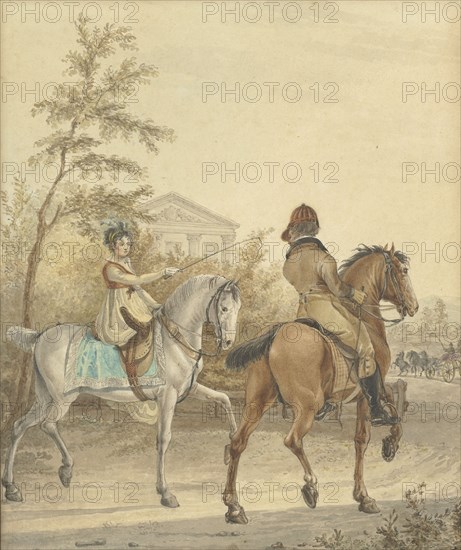 Man and a woman on horseback on a country road, 1802. Creator: Johannes Vinkeles.