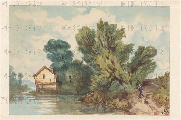 Landscape with walker and house on the water, c.1800-c.1899. Creator: Judith Metelerkamp.