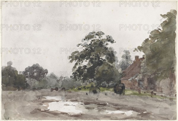 Farmyard under tall trees with water in the foreground, 1845-1925. Creator: Julius Jacobus van de Sande Bakhuyzen.