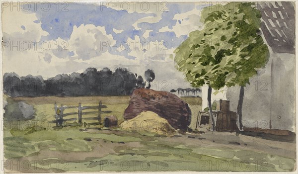 Pile of wood in a pasture at a farm, 1845-1925. Creator: Julius Jacobus van de Sande Bakhuyzen.