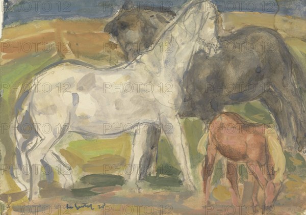 Two horses and a foal in a landscape, 1928. Creator: Leo Gestel.