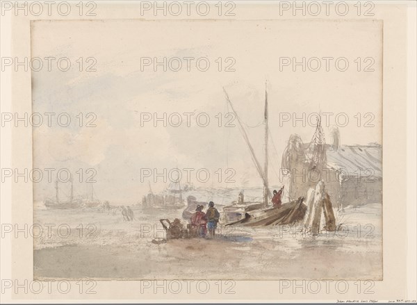 Beach scene with fishermen near a boat in the foreground, 1819-1866. Creator: Johan Hendrick Louis Meijer.