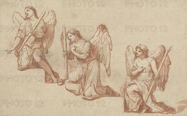 Three studies of kneeling angels with torches, 1690-1699. Creator: Marc Antonio Franceschini.