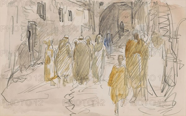 Street with standing figures in a circle, 1923. Creator: Marius Bauer.